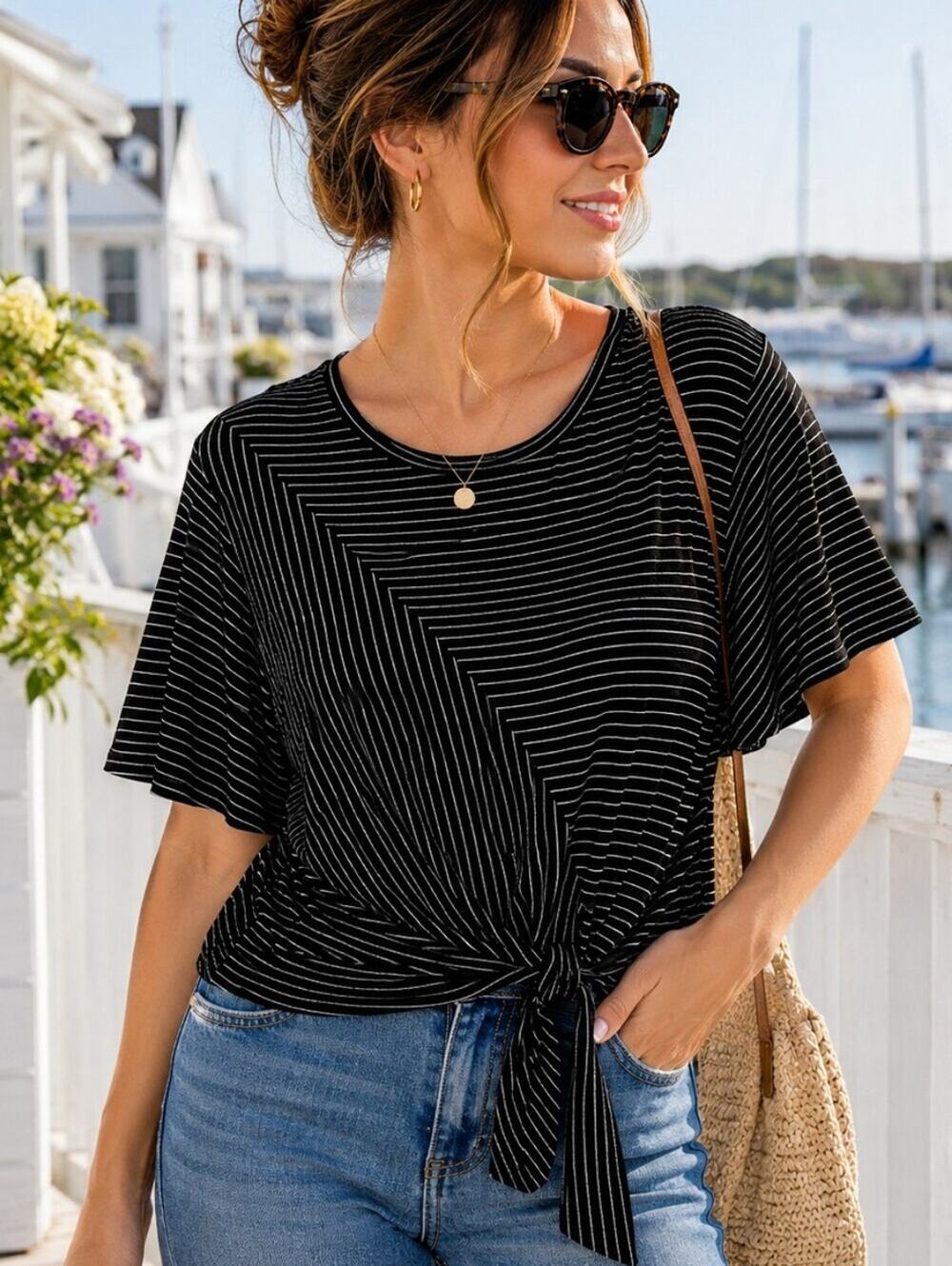 BP Black & White Striped Tie Front Flutter Sleeve Top Medium